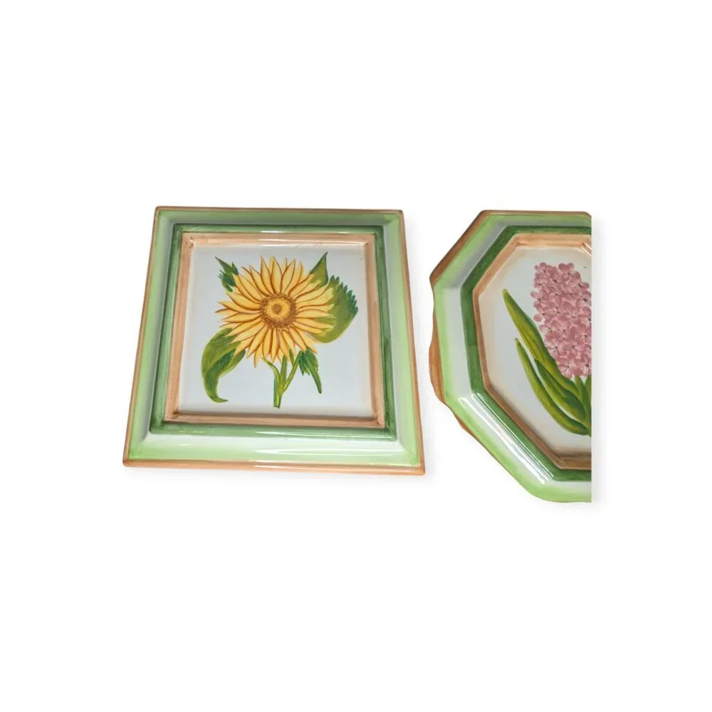 Ceramic Floral Wall Plaques Set of 3 Oval Square & Hexagon